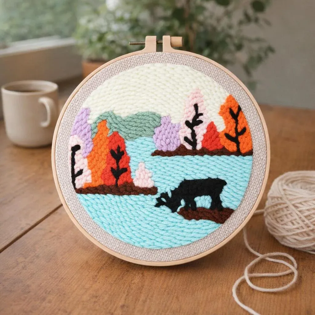 Kit punch needle renne au bord du lac mural