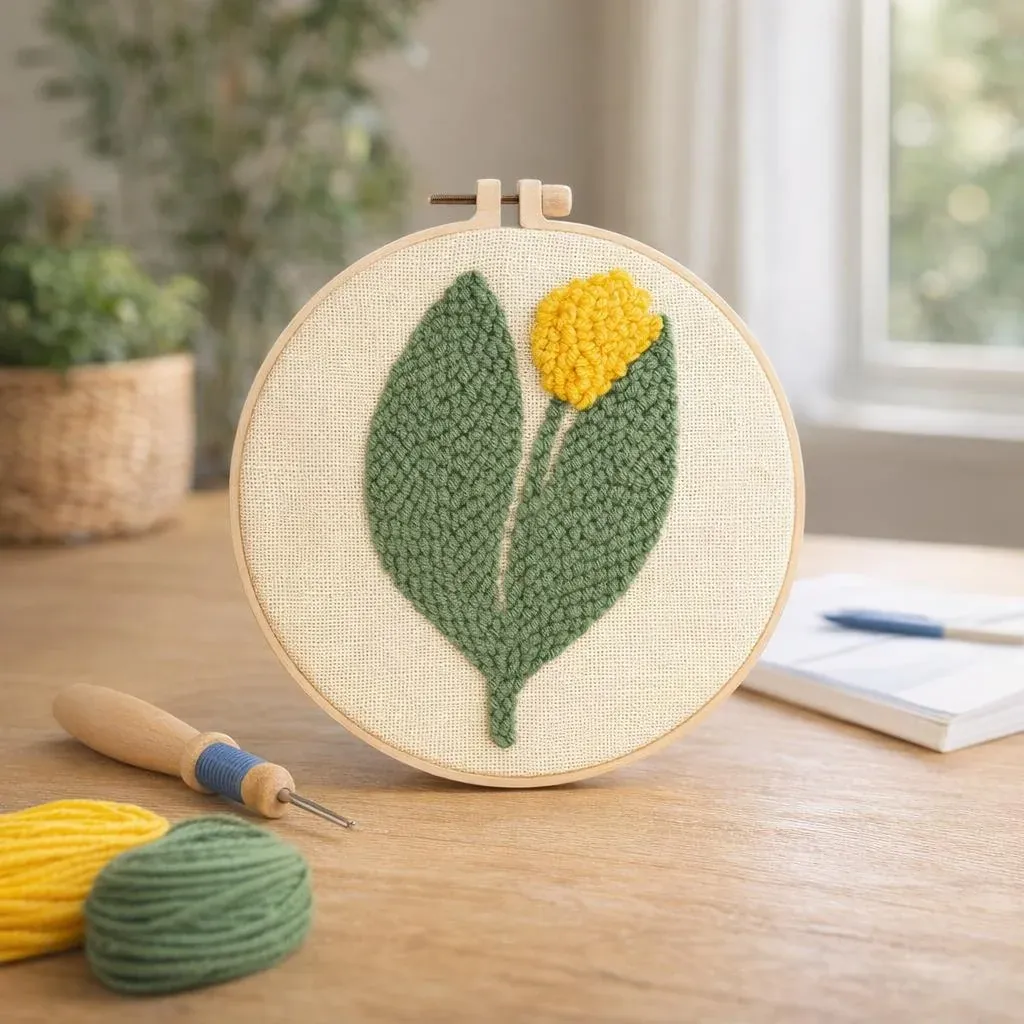 Kit punch needle tulipe jaune en cadre rond