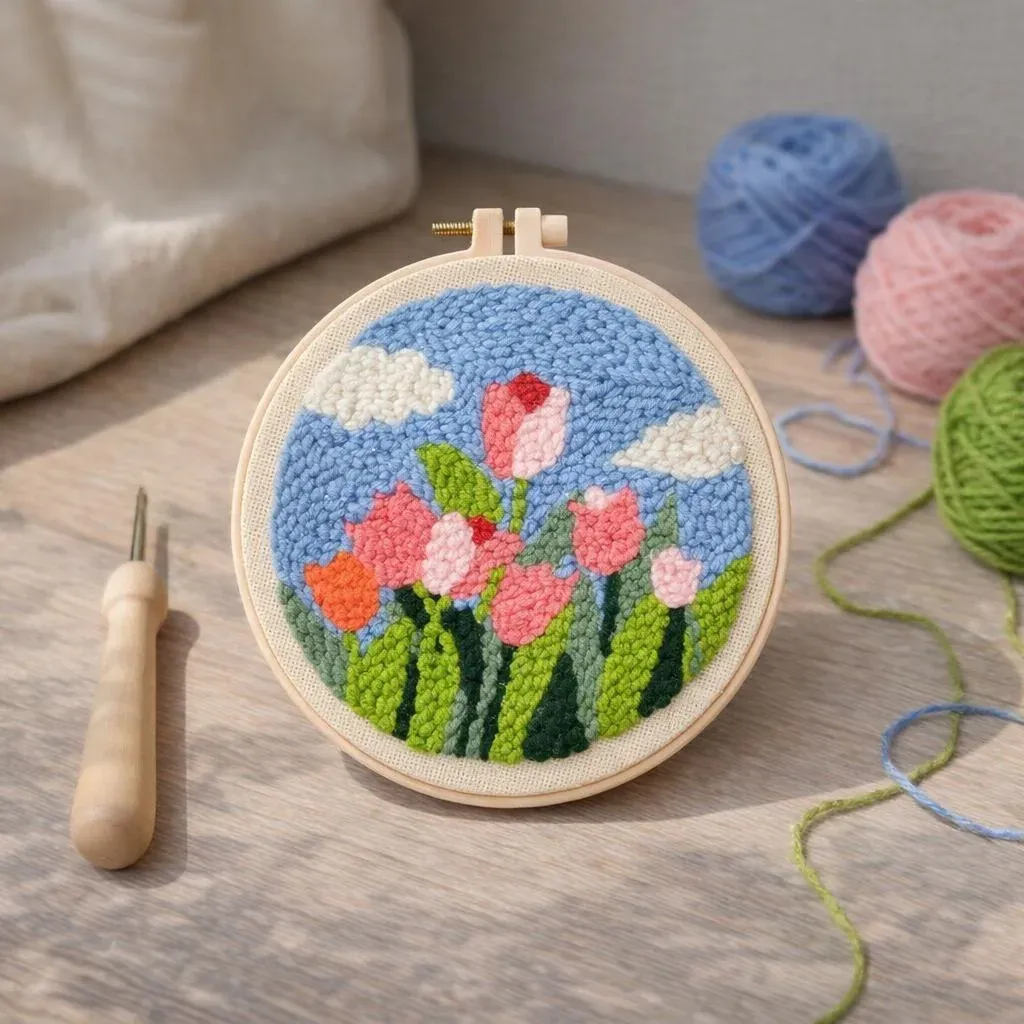 Kit punch needle tulipes et ciel bleu en relief