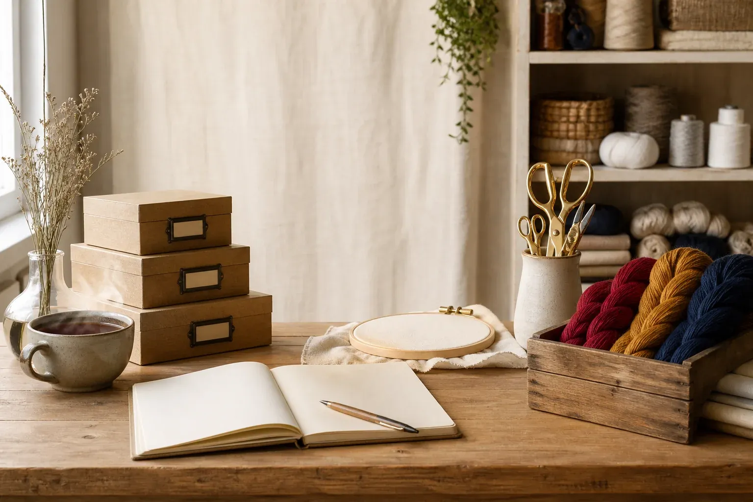 Le comptoir de l'atelier : carnet ouvert, tasse de thé, tambour à broder et fils rangés dans une caisse en bois